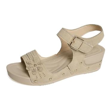 Imagem de Sandálias femininas plataforma bico redondo bico aberto flor uma alça sola grossa, Bege, 36