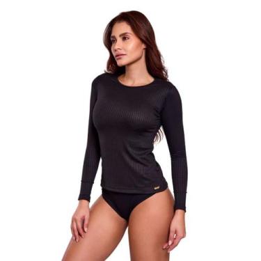 Imagem de Blusa Feminina Segunda Pele em Suede Canelado Manga Longa Sofia, Preto