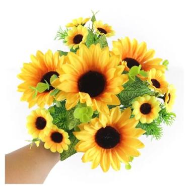 Imagem de Decoração de casa 1 lindo buquê de girassol flor de seda flor artificial casa jardim festa decoração de casamento DIY flor artificial (7 garfos 10 cm flores)