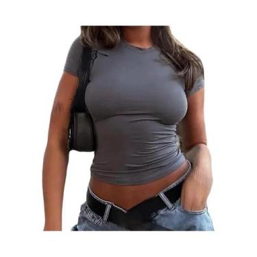 Imagem de Camiseta Cropped Feminina Y2K Vintage Lisa De Manga Curta Gola Redonda