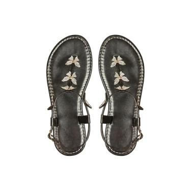 Imagem de OYOANGLE Sandália feminina de strass, borboleta, tira no tornozelo, sem cadarço, chinelos de praia brilhantes, Preto, 39