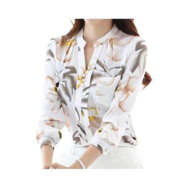 Imagem de Blusa Feminina De Chiffon Manga Longa Slim Fit Com Decote V Estampada 