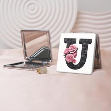 Imagem de Espelho de maquiagem portátil de couro PU retrô europeu com letras florais, mini espelho dobrável de mão dupla face, quadrado para retoque, presente ideal para todas as ocasiões
