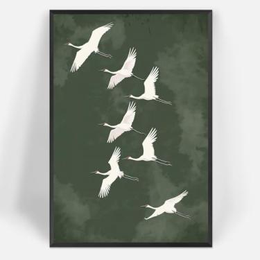 Imagem de Pôster em tela retrô de guindastes voadores do Japão, verde, branco, animal, pássaro, arte de parede, pintura japonesa, para sala de estar, quarto, dormitório, decoração de parede, 20 x 30 cm, sem