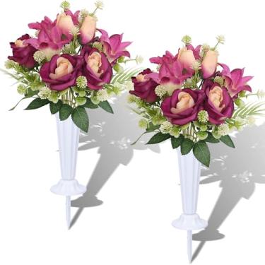 Imagem de Flores artificiais de cemitério com vaso, conjunto de 2 buquê de lírio de rosas para decoração de túmulo, flores realistas para lápides, decoração de lápide ao ar livre - Resistente ao desbotamento e
