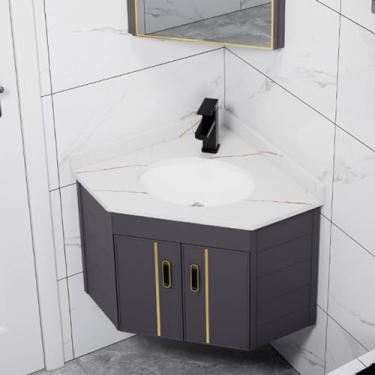 Imagem de Pia de vaso de montagem na parede, lavatório de banheiro de canto de cerâmica, combo de pia de pia com economia de espaço com armário montado na parede para banheiros pequenos