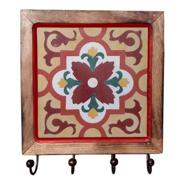 Imagem de Cabideiro Em Madeira Com Ladrilho Hidráulico Porta Chaves Roupas Bolsas Ladrilho A5