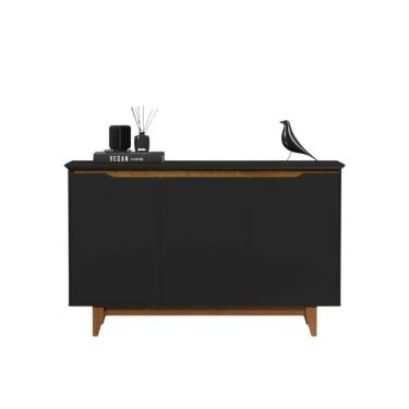 Imagem de Buffet Aparador 3 Portas Mdf Pés Madeira Hall De Entrada Flow Sala De Estar Cozinha Preto