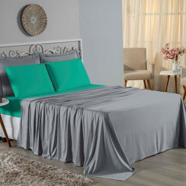 Imagem de Jogo De Cama King Nobre 4 Peças Lençol Com Elástico De 30cm De Altura Malha 100% Algodão - Cinza / Jade