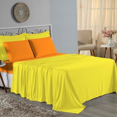 Imagem de Jogo De Cama King Nobre 4 Peças Lençol Com Elástico De 30cm De Altura Malha 100% Algodão - Amarelo / Laranja