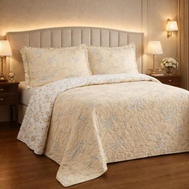 Imagem de Cama Posta King Lauryn Colcha Luxo Algodão Bordado 3 Pçs Cor:CAQUI - D