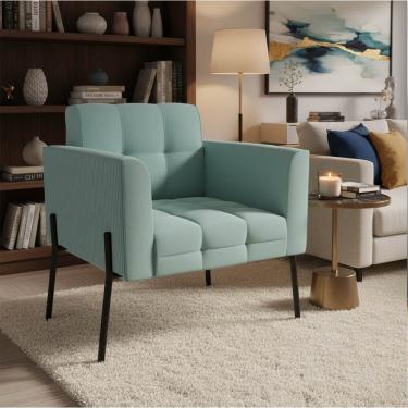 Imagem de Poltrona Sala Decorativa Elisa Pé de Aço Lateral Preto Cotelê Ext/Veludo Menta D03 - D'Rossi