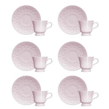 Imagem de Kit 6 Xícaras Café com Pires Rosa Tassel Porcelana