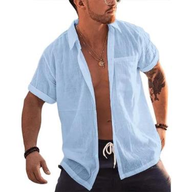 Imagem de Camisa Masculina De Linho E Algodão, Manga Curta, Com Botões, Gola Vir
