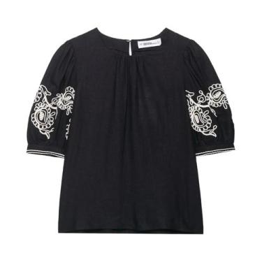 Imagem de Blusa Vintage Feminina De Linho Com Bordado Floral, Manga Bufante, Cas