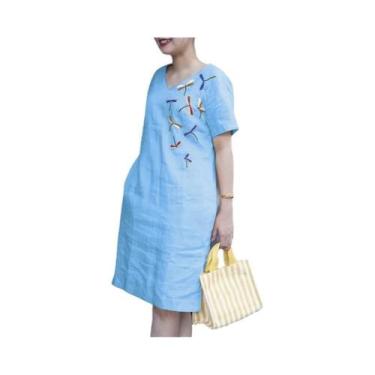 Imagem de Vestido Feminino Vintage De Algodão Com Bordado E Decote Em V, Tamanho