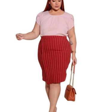 Imagem de Saia Lápis Plus Size Feminina Transpassada Listrada Cintura Alta Socia