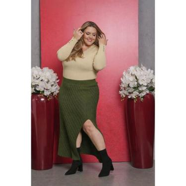 Imagem de Saia De Tricot Com Fenda - Giuliana Marques Tricot - Tam G, Verde oliv