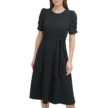 Imagem de DKNY Vestido feminino de crepe com gola redonda, Logotipo preto/prata, 42
