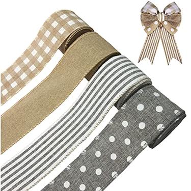 Imagem de OZXCHIXU 4 rolos de fita de tecido de juta fita de borda com fio ponto branco fita xadrez rústica artesanato de natal fita para DIY embrulho de presente guirlanda floral arco artesanato decoração, 2,5 polegadas x 24 jardas