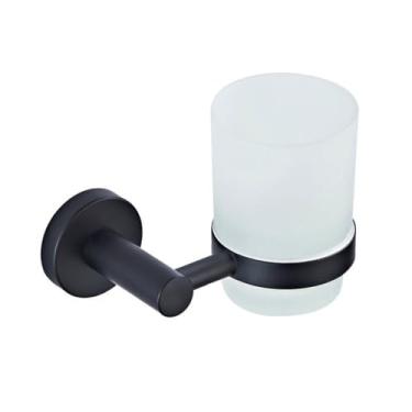 Imagem de Acessório de banho preto fosco Rack de barra de toalha de latão com cabide Suporte de rolo de papel higiênico Gancho de robe Prateleira de secador de cabelo Hardware de banheiro, suporte de copo único