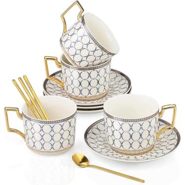 Imagem de CwlwGO - Xícaras e pires de chá estilo europeu de 4, 200 ml, copos de cerâmica para casal Mr and Mrs Cup Espresso adequado para casa e escritório, caneca, cappuccino, latte, mocha, xícaras de chá (pacote com 4)