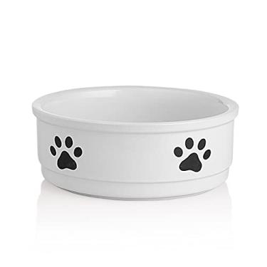 Imagem de Sweejar Tigelas de cerâmica para cães com padrão de pata, prato de ração para cães grandes, tigela de porcelana para animais de estimação para água 190 ml (branca)