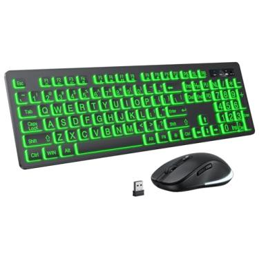 Imagem de Teclado e mouse sem fio de impressão grande – teclado retroiluminado em 7 cores, teclas de letras grandes fáceis de ver e digitar, teclado e mouse recarregáveis com tecla iluminada, compatível com PC,