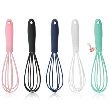 Imagem de 5 batedores de silicone para cozinhar – Mini batedor de massa de aço inoxidável, batedor de arame com balão pequeno e antiaderente para misturar, bater, mexer e assar