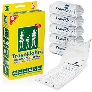 Imagem de TravelJohn Mictório descartável para todos os sexos, adultos e crianças (pacote com 6) projetado para emergências, viagens, acampamento, passeios longos de carro e mais - capacidade de 800 ml (TJ1A-C)