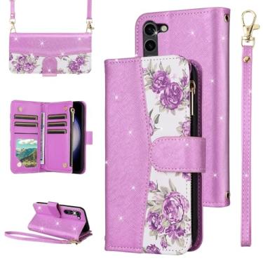 Imagem de Furiet Capa carteira floral para Samsung Galaxy S23 5G com fecho de correr e alça de ombro, suporte para cartão de couro PU com glitter para S 23 23S GS23 G5 SM-S911U 15.5 cm roxo