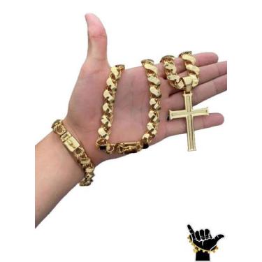 Imagem de Corrente Friso S 12mm + Pulseira + Pingente - Banhado a Ouro - ToJoia1