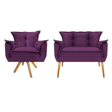 Imagem de Kit Namoradeira e Poltrona Opala Base Giratória de Madeira Suede Roxo 