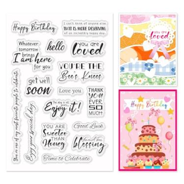 Imagem de INFUNLY Blessing Word Carimbos transparentes para fazer cartões, carimbos de borracha, parabéns, selos de silicone transparentes, feliz aniversário para fazer você mesmo, livro de scrap-booking