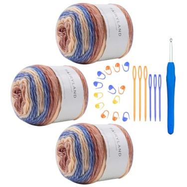 Imagem de Hobekoee Fio de bolo para crochê, fio de crochê colorido 3 x 100 g, 60% algodão, 30% acrílico, 10% lã, fio de algodão ombré gradiente macio para suéter de crochê, cobertor, luva