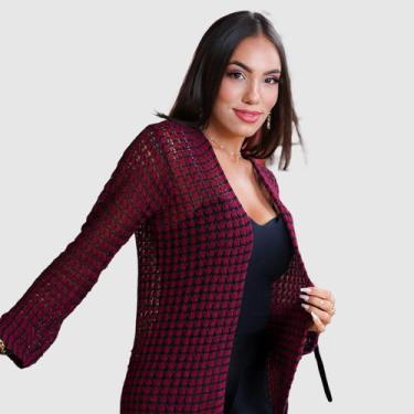 Imagem de Cardigan Feminino Casaquinho Lã Feminino Inverno Xadrez - Swiss Boutiq