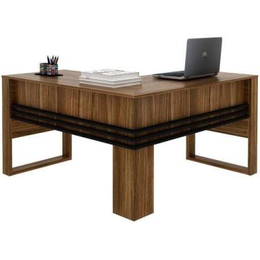 Imagem de Mesa De Canto Para Escritório Em L Angular Detalhe Ripado Nogal/preto 