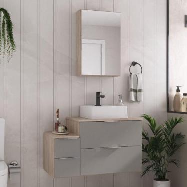 Imagem de Conjunto Gabinete Banheiro Nivus 80 (gabinete+espelheira+cuba) Madeira