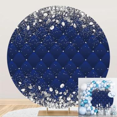Imagem de DORCEV Capa de fundo redonda brilhante prata de 2,2 x 2,2 m com diamantes brilhantes e losangos azuis para aniversário, festa de casamento, adereços de retrato de fundo