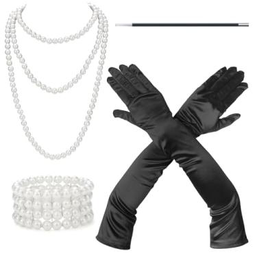 Imagem de GHGMAO 4 peças acessórios anos 20, colar longo de pérolas, pulseira, porta-cigarros, luvas pretas para mulheres, acessórios melindrosa dos anos 20, fantasia