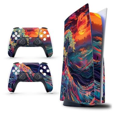 Imagem de Capa adesiva para PS5 - Great Wave, compatível com edição de disco e edição digital (não versão fina) - 2 capas de controle e capa de console - sem bolhas, proteção total, impermeável, removível