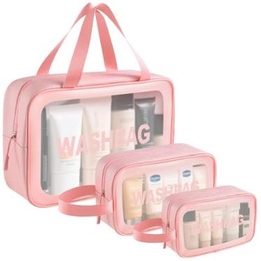 Imagem de Kit 3 Necessaire Transparente Washbag,Necessaire Viagem,Tamanhos Grande Médio e Pequeno para Viagens,Maquiagem,Banho e Ginástica,Bolsa de Armazenamento à Prova d'Água Com Zíper à Prova d'Água (Rosa)