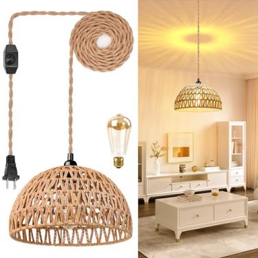 Imagem de Lâmpada suspensa de vime com cabo de corda de cânhamo de 4,5 m, luzes de vime para pendurar com persiana de cesta de bambu, interruptor regulável, luz de teto com plugue boho para sala de estar e