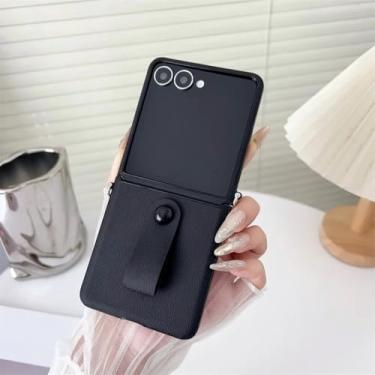 Imagem de Capa para Galaxy Z Flip5 de couro sintético de luxo com alça de pulso e capa protetora traseira (para Galaxy Z Flip5/preto)