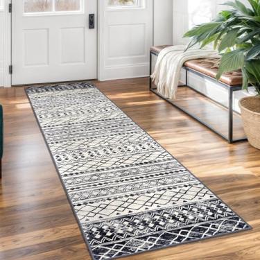 Imagem de KUTA Tapete de cozinha marroquino lavável, 5 x 18 cm, antiderrapante, vintage, preto, azul marinho, boho, corredor, ultramacio, geométrico, para quarto, lavanderia, sala de estar