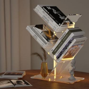 Imagem de YiXinHo Prateleira de livros, estante pequena de acrílico de 3 camadas, estante curta e pequena de acrílico de 3 camadas, mini estante de árvore para livros/CD/filmes/armário de armazenamento de sala
