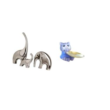 Imagem de Fenteer Estatuetas de Família de Elefantes de Cerâmica E Estátua de Resina de Gato, Bandeja, Escultura Animal Colecionável para Decoração de Casa, Prateleira,