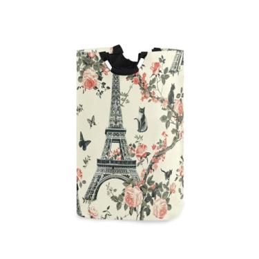 Imagem de ALAZA Cesto de roupa suja de rosas e gatos da Torre Eiffel, cesto de roupa suja dobrável de tecido Oxford com alça, caixa de armazenamento de roupas para casa de banho, quarto, dormitório