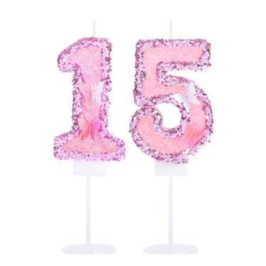 Imagem de Kinsynko Número 15 vela de lantejoulas rosa 15 velas de aniversário para princesas meninas 15º aniversário tema borboleta decorações de festa topo de bolo