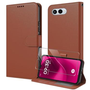 Imagem de Capa T-Mobile Revvl 8 TMRV085G com protetor de tela de vidro temperado PU Leather Folio Flip [bloqueio RFID] [suporte] [porta-cartões] à prova de choque TPU capa magnética carteira - marrom